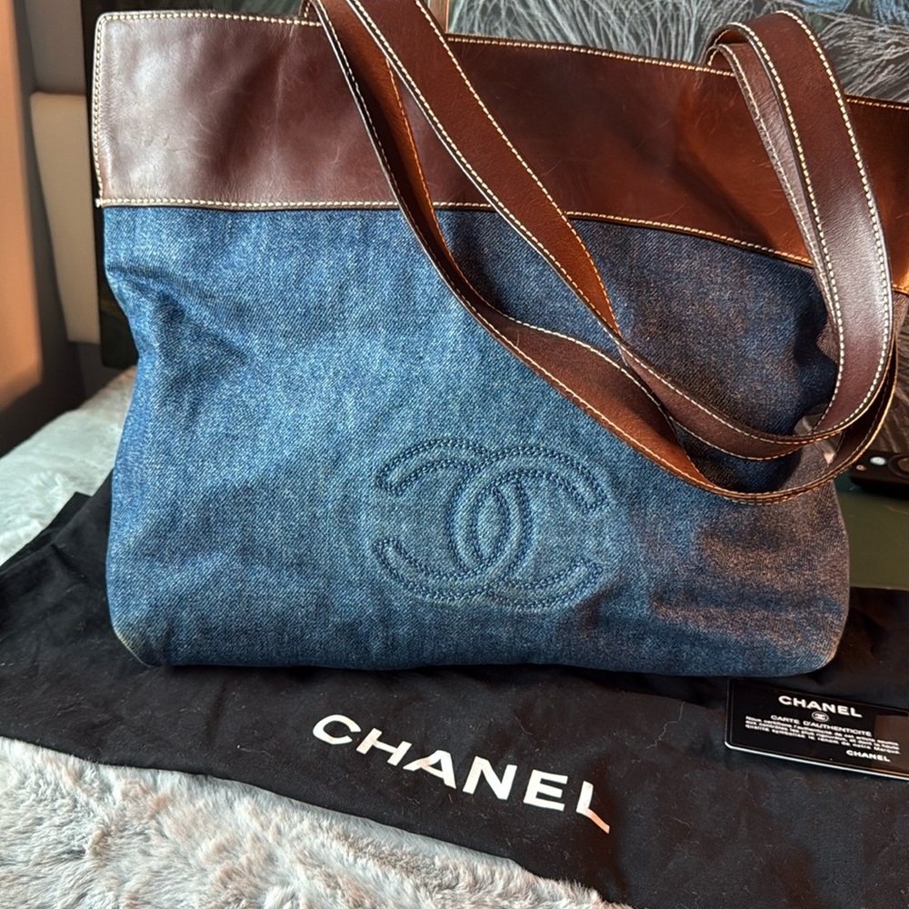 CHANEL Blue Denim and Brown Leather Tote Bag